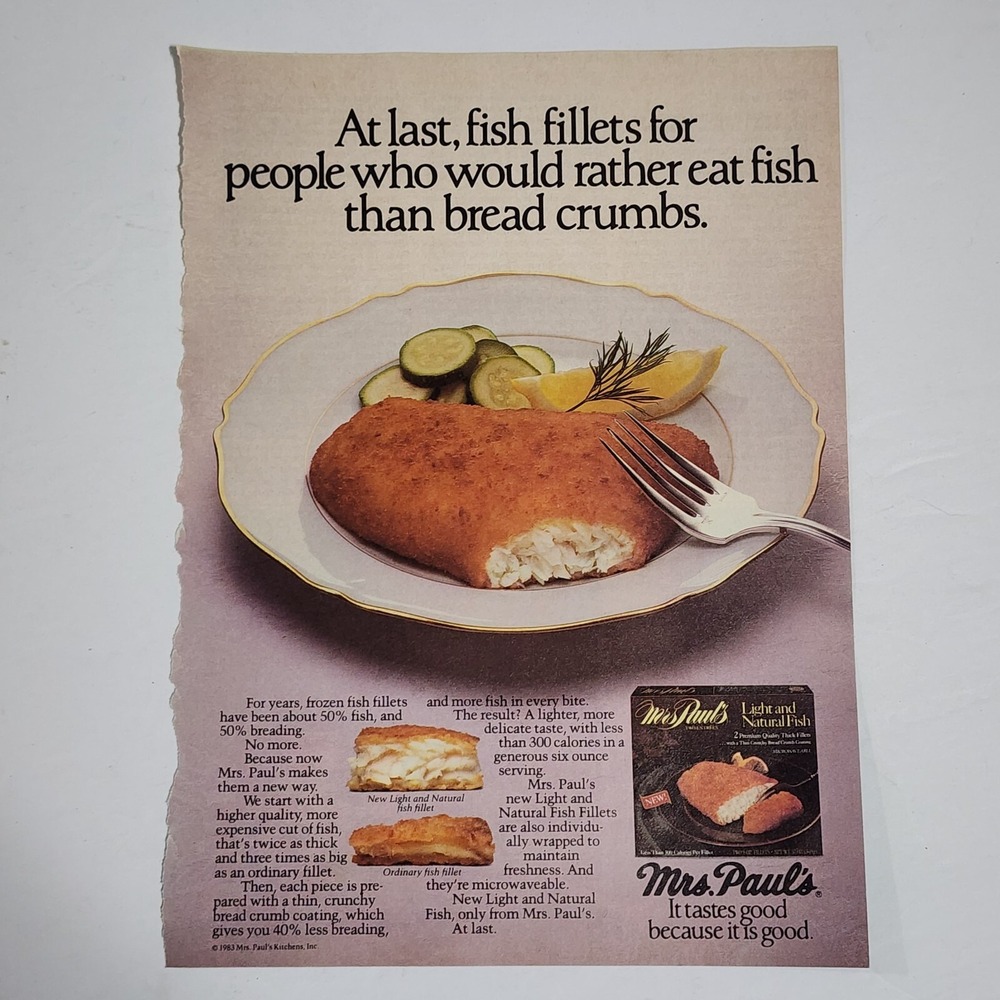 Vtg Print Ad Mrs Paul's frozen fish fillet Light & Natural clipping 1983 8x10.5